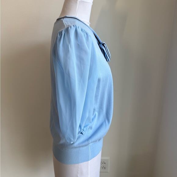 NANETTE LEPORE TIE NECK SWEATER SHEER PUFF SLEEVES LIGHT BLUE SMALL - Picture 3 of 9